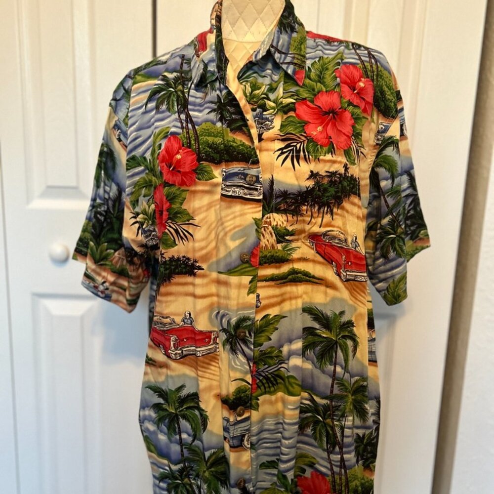 Vintage Big Dogs Poker Night Button Up Shirt Mens Hawaiian Cars, Size L